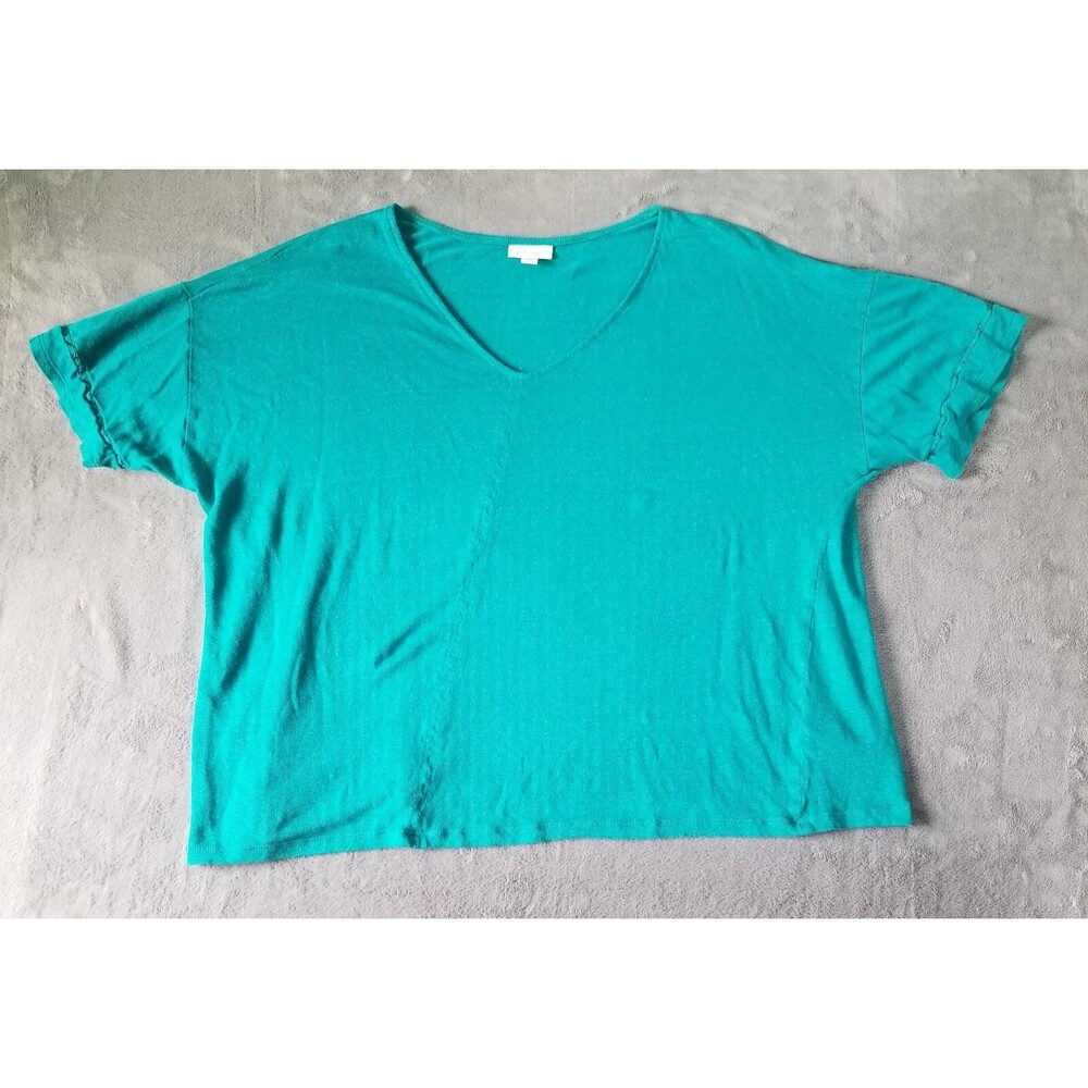 J Jill Love Linen Knit Top Shirt Green Teal Size XL Relaxed Fit Crochet Trim
